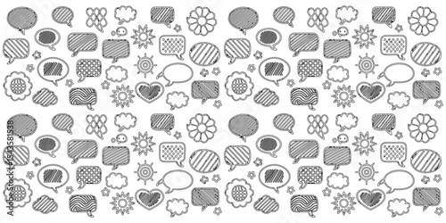 Hand-drawn crayon speech bubbles, black and white, sketchy and retro
