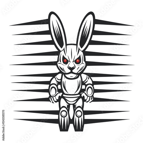 Robotic Rabbit with Red Eyes: Geometric Sci-Fi Illustration. Bionic hare with symmetrical design and dark lines on white. Tech-inspired, futuristic and surreal.