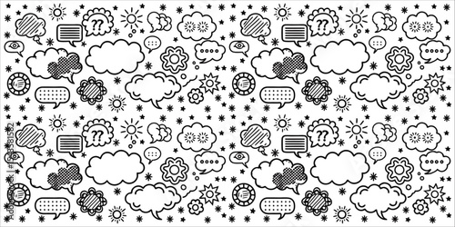 Hand-drawn thought and speech bubbles with dashed outlines, vintage monochrome style