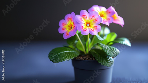 Vibrant primula plant with pink and yellow flowers, showcasing its beauty and freshness in pot