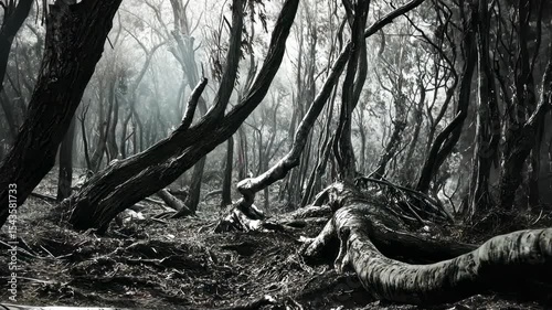 Dense, gnarled trees in a dark, misty forest
