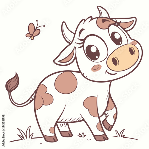 Cute cartoon cow with butterfly illustration for childrens designs and prints