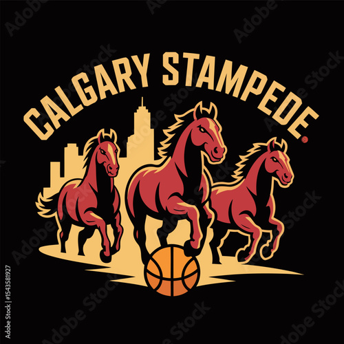 Calgary Stampede western style logo with three horses inside circular ring in deep brown vintage tone  