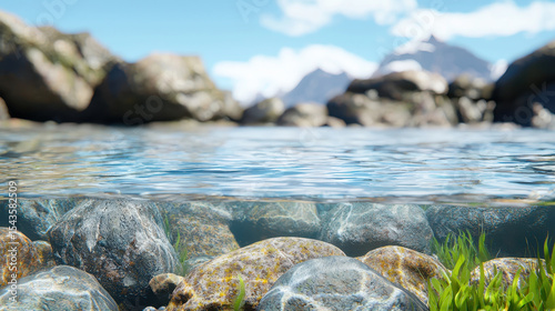 Serene tidal pool with clear water revealing smooth rocks and vibrant green grass beneath surface, surrounded by rocky terrain