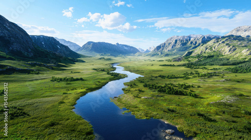 Breathtaking valley landscape featuring winding river surrounded by lush greenery and majestic mountains under clear blue sky