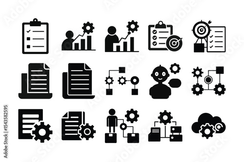 A diverse business icons set featuring people, money, and network symbols for web and mobile design