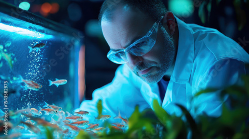Focused ichthyologist examines fish in laboratory setting, showcasing dedication and expertise in aquatic research