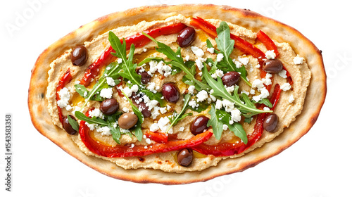 Overhead view of a flatbread topped with hummus and vegetables on transparent background png