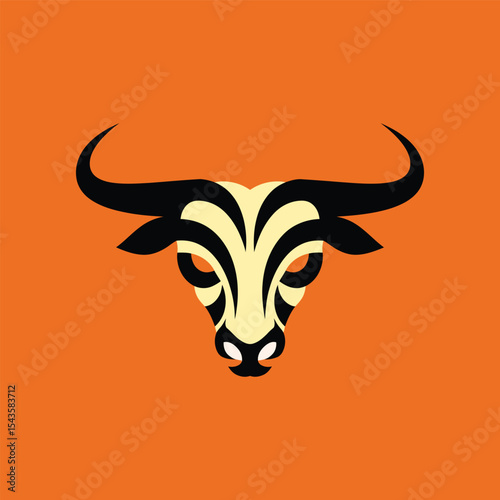 Striking minimalist bull head logo on bold orange background. Symmetrical, modern black line design shows strength and style—perfect for branding, sports, or business identity.