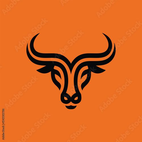 Striking minimalist bull head logo on bold orange background. Symmetrical, modern black line design shows strength and style—perfect for branding, sports, or business identity.