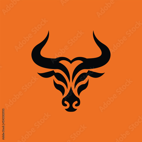 Striking minimalist bull head logo on bold orange background. Symmetrical, modern black line design shows strength and style—perfect for branding, sports, or business identity.