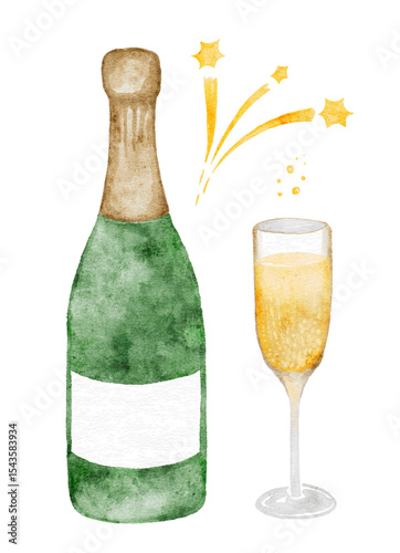 Watercolor Champagne bottle with sparkling glass and celebration stars clip art. Vector illustration
