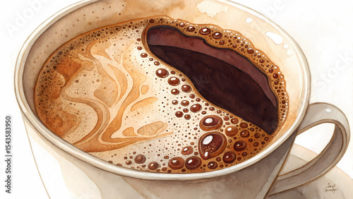Watercolor painting of coffee cup with dark roast and foam art for morning beverage and cafe illustration