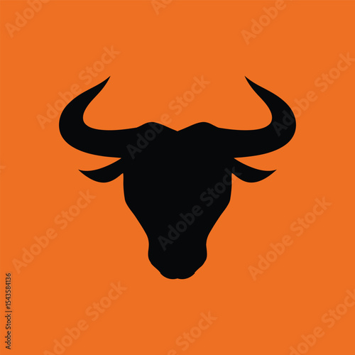 Striking minimalist bull head logo on bold orange background. Symmetrical, modern black line design shows strength and style—perfect for branding, sports, or business identity.