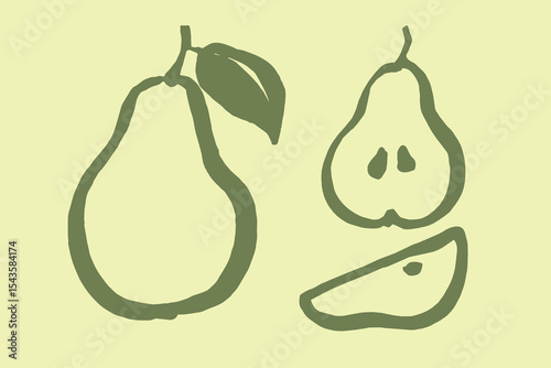 Pear whole half slice naive sketch vector illustration