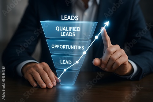 A glowing funnel chart floats over a suited figure’s hand, showing stages from lead to qualified lead. Concept of sales pipeline. photo