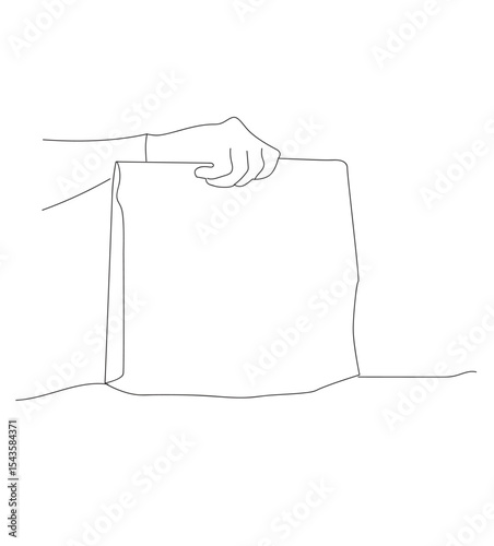 Human hand holding lunch paper bag. handing over paper bags. Food delivery paper bag hand icon. line vector 