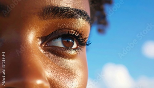 Hopeful Gaze: Close-up of a young woman's eye, looking towards a bright sky, conveying optimism and aspiration.
