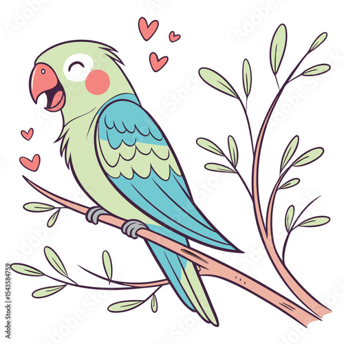 Cute lovebird cartoon character perched on branch with hearts illustration design
