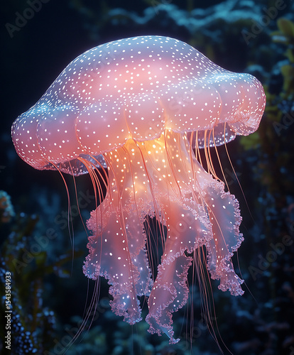Enigmatic Beauty: Close-up view of a mesmerizing jellyfish with its translucent body and intricate patterns, gracefully drifting in the deep ocean.