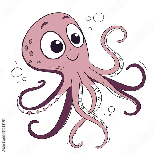 Cute cartoon octopus with big eyes and bubbles vector illustration