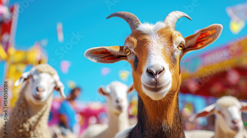 Cheerful goat stands out in vibrant carnival atmosphere, surrounded by playful sheep under bright blue sky