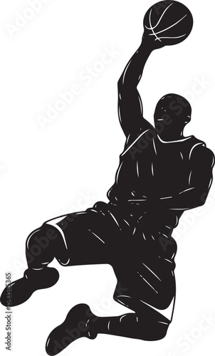Basketball player silhouette dunking ball graphic showing athleticism and sports illustration