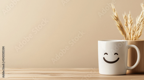 Cheerful coffee mug with smiley face sits on wooden table beside vase of dried wheat, creating warm and inviting atmosphere