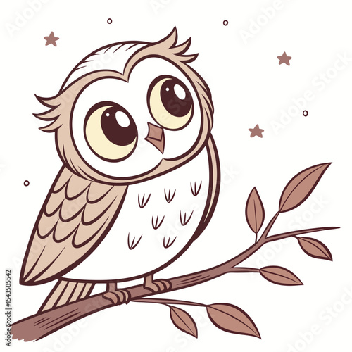Cute cartoon owl perched on a branch with stars around it
