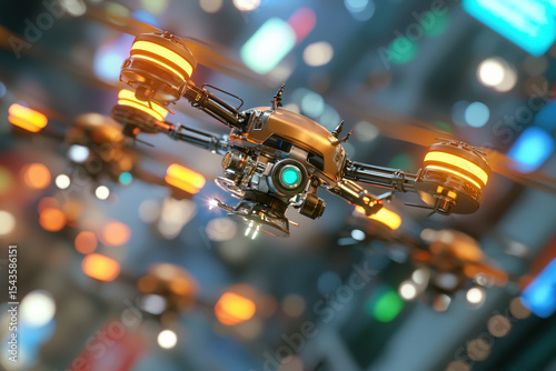 Futuristic drone with glowing lights hovers in vibrant urban environment, showcasing advanced technology and innovation