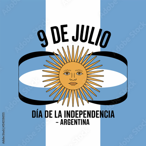Argentinian vector with sun emblem bold 9 de julio and waving national flag for independence logo design  