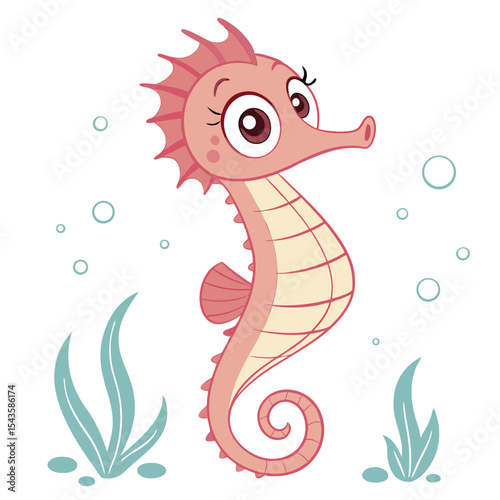 Cute pink seahorse with big eyes cartoon illustration underwater life