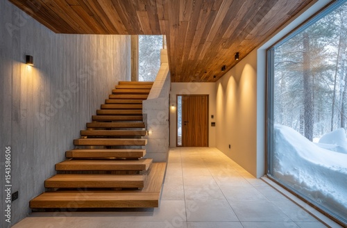 Modern home interior showcases wooden stairs ceiling and a snowy forest view through a large window