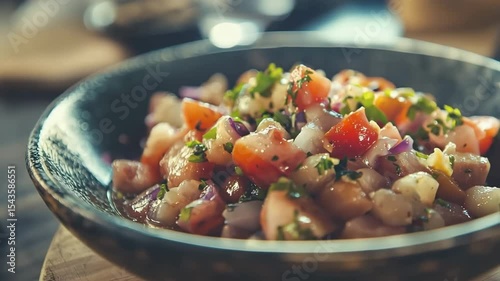Ceviche with fresh fish served on plate in rustic setting, slow rotation