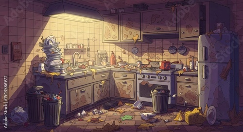 Illustration portraying a severely neglected and unhygienic kitchen environment