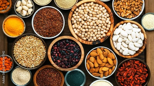 A top-down panning shot of nutritious whole foods in bowls, suitable for themes around wellness, sustainability, and vegan diet.