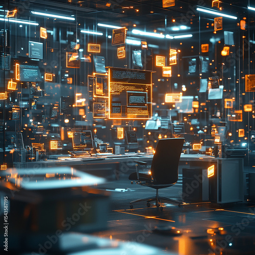 Digital Sanctum: A futuristic interior filled with glowing digital screens and data streams, highlighting the advanced technology and innovation within a modern workspace.
