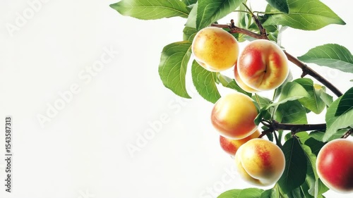 Peach on branch with leaves, white background with copy space