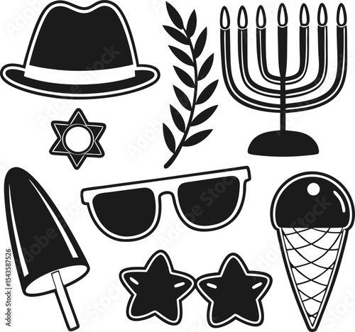 Black and white summer jewish items with hat and ice cream vector illustration