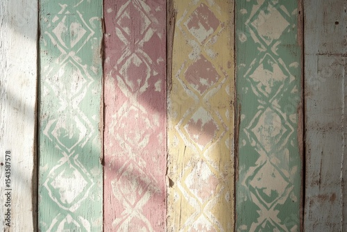 Distressed pastel wood planks with a faded diamond pattern, sunlit.