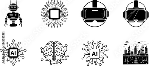 set of technology icon set, such as robot, digital, vr, ai, cyber
