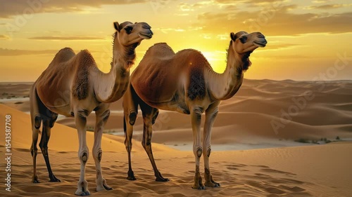 Two camels in the desert at sunset with copy space