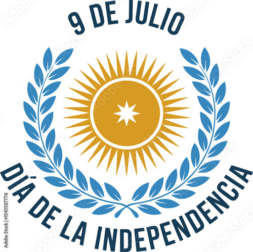 Classic Argentina independence day emblem with sunburst and laurel leaves featuring 9 de julio message  