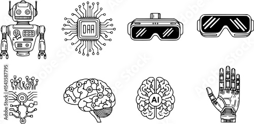 set of technology icon set, such as robot, digital, vr, ai, cyber