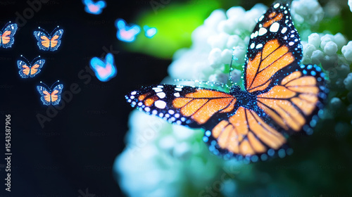 Vibrant butterfly with glowing trails flutters gracefully among soft white flowers, creating magical atmosphere