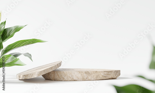 Wooden product display podium with blurred nature leaves on white background. 3D rendering