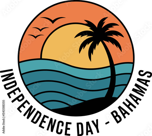 Bahamas palm tree and ocean wave with sun and beach silhouette for tropical independence day label  