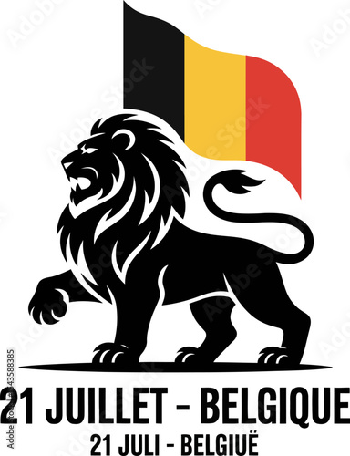 Belgium black lion with red and yellow flag stripe illustration for 21 juillet national celebration identity  