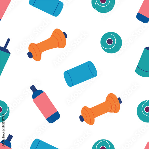 Colorful exercise equipment pattern dumbbells foam rollers and water bottles on white background