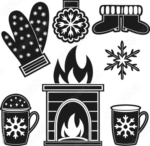 Black and white winter holiday icons featuring fireplace mittens and hot cocoa